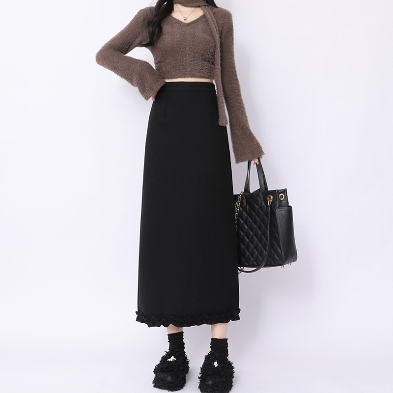 High waist Korean style woolen A-line slim skirt