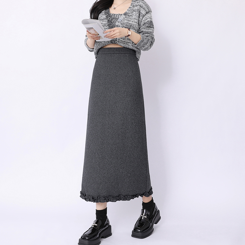 High waist Korean style woolen A-line slim skirt