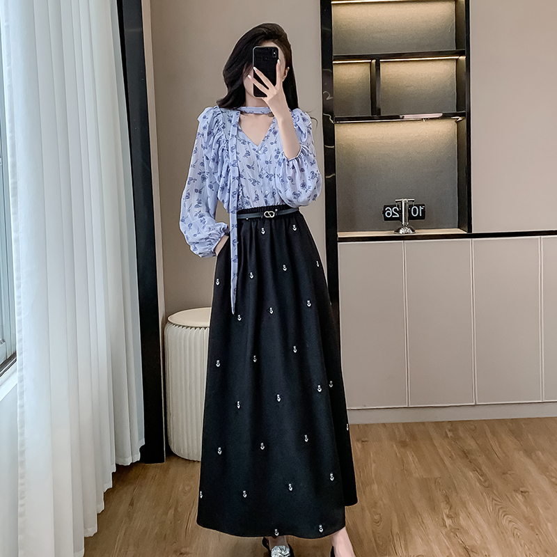 Korean style sweet frenum shirt V-neck all-match skirt 2pcs set