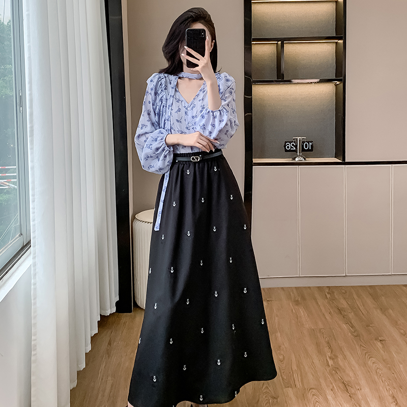 Korean style sweet frenum shirt V-neck all-match skirt 2pcs set