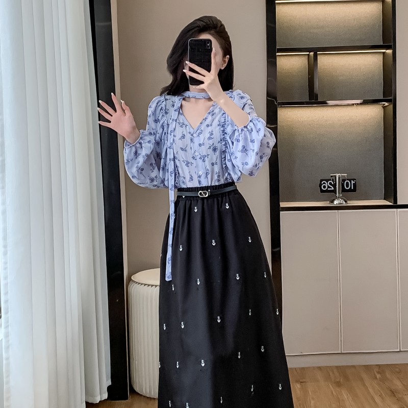 Korean style sweet frenum shirt V-neck all-match skirt 2pcs set