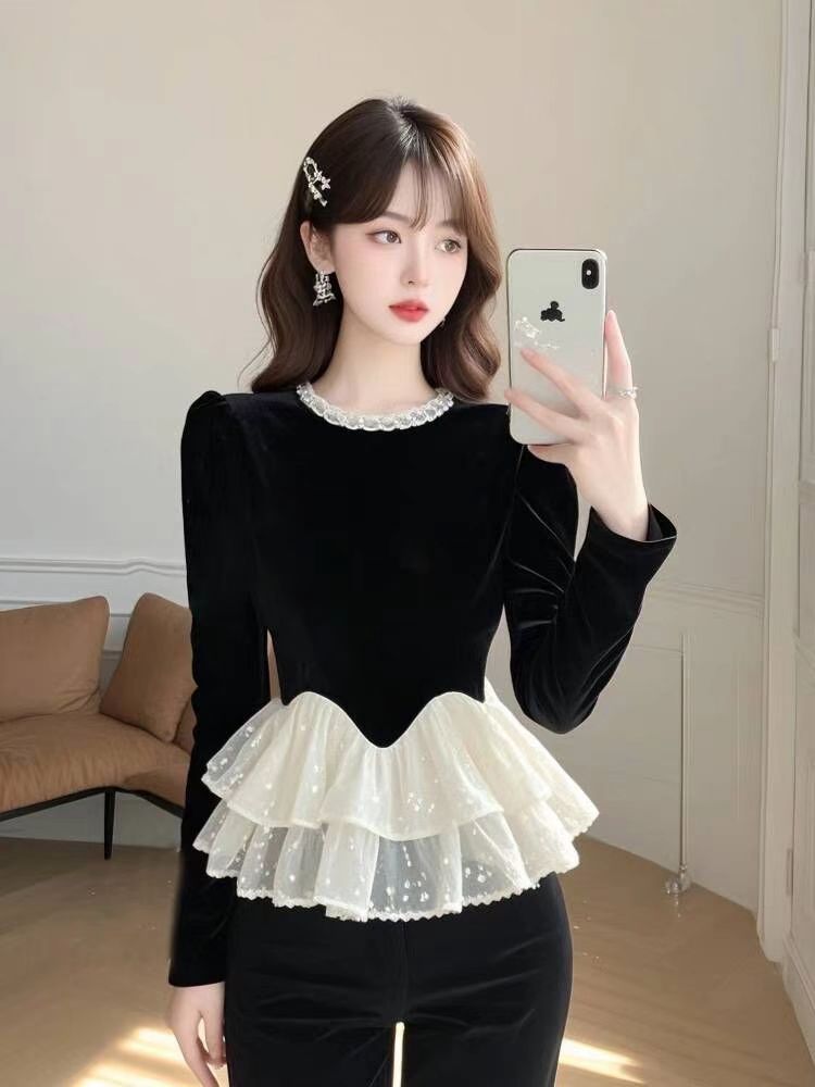 Long sleeve black shirt winter light luxury tops for women