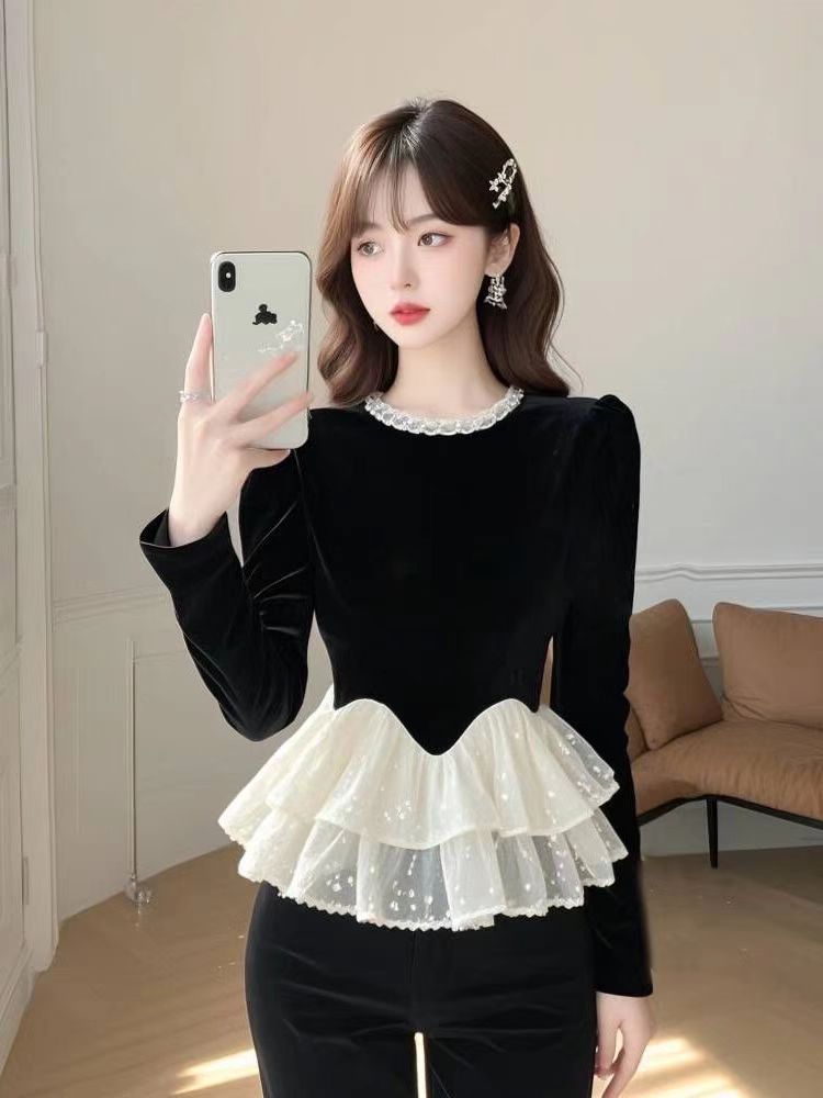 Long sleeve black shirt winter light luxury tops for women