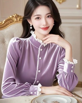 Light luxury golden velvet tops purple winter shirt for women