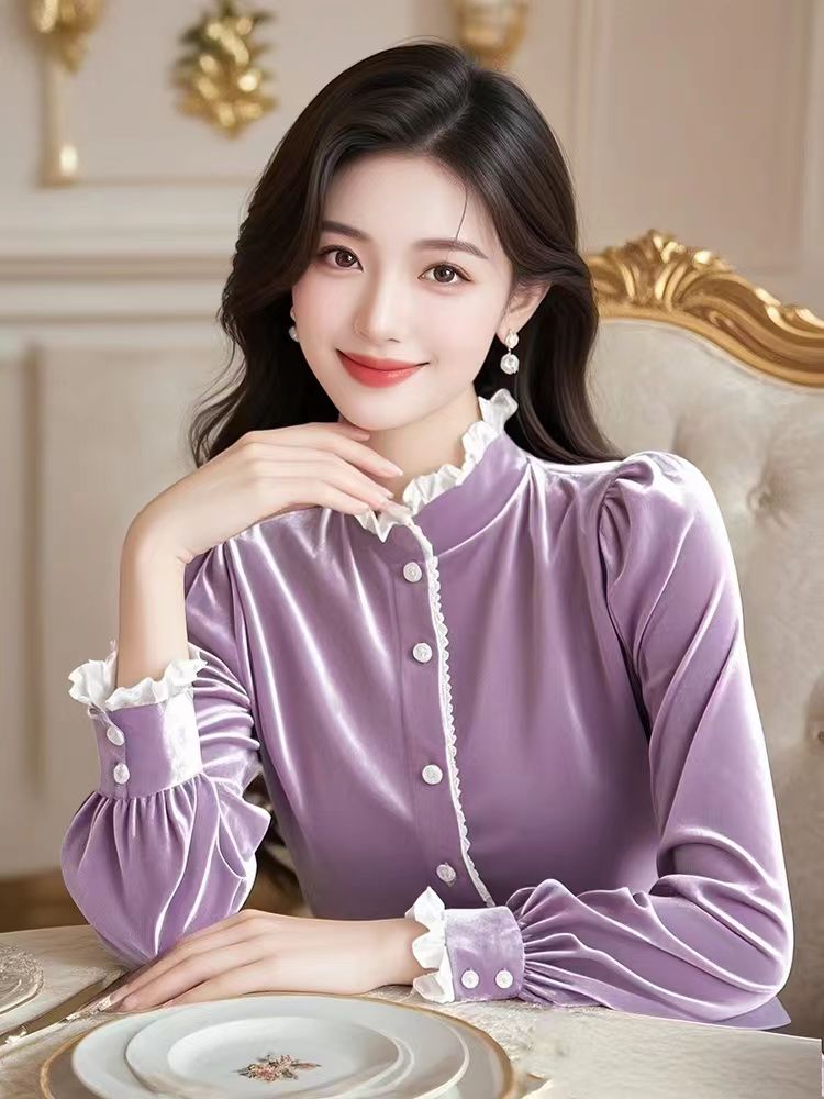 Light luxury golden velvet tops purple winter shirt for women