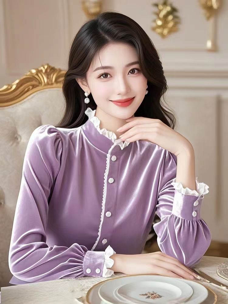 Light luxury golden velvet tops purple winter shirt for women