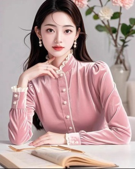 Velvet niche pink tops cstand collar winter shirt for women