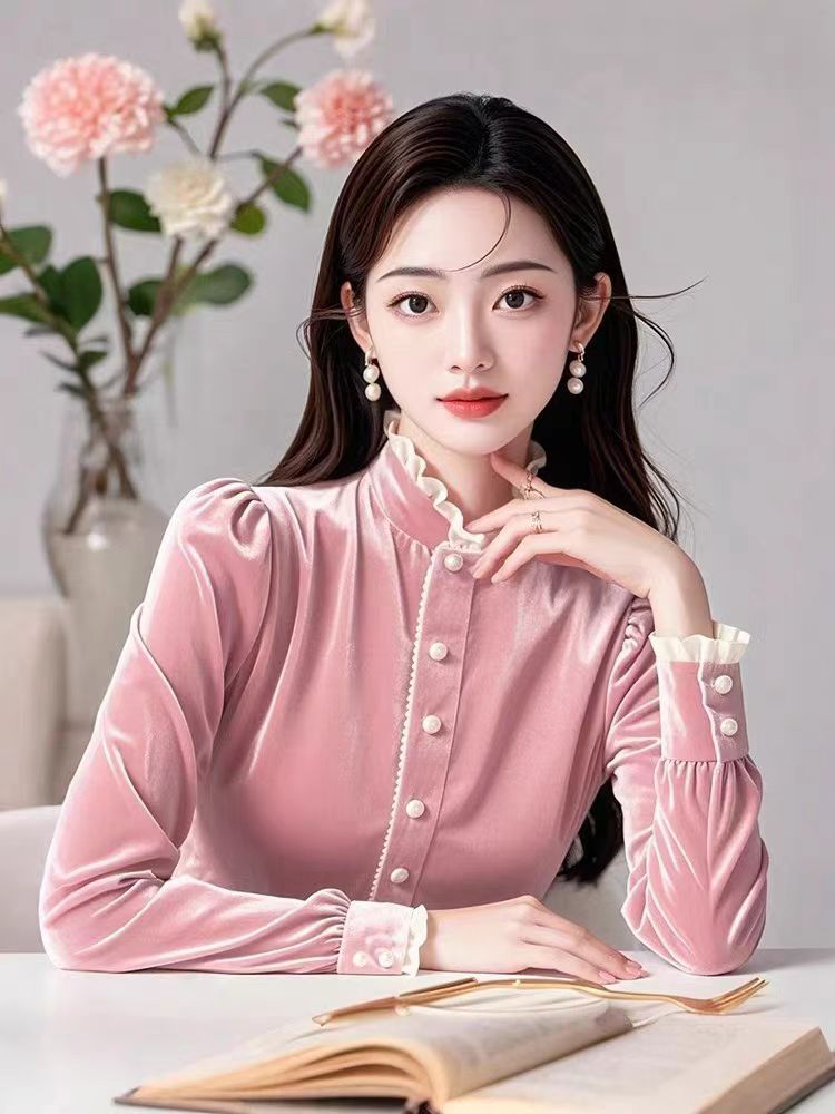 Velvet niche pink tops cstand collar winter shirt for women