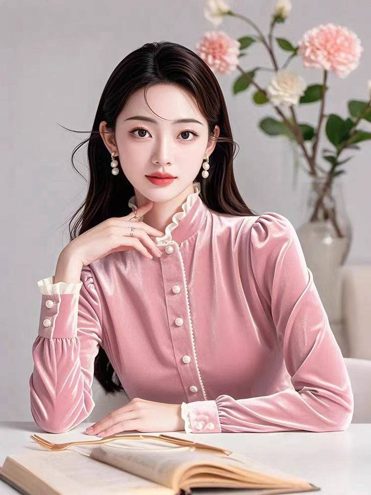 Velvet niche pink tops cstand collar winter shirt for women