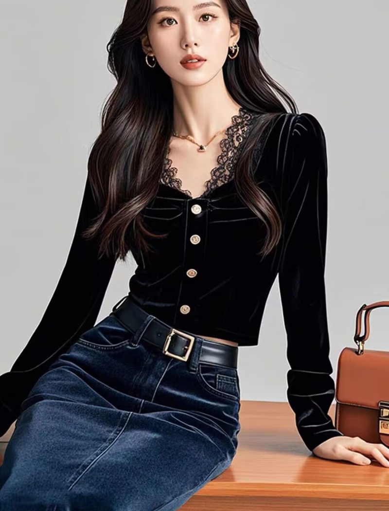 Lace velvet small shirt unique winter tops for women