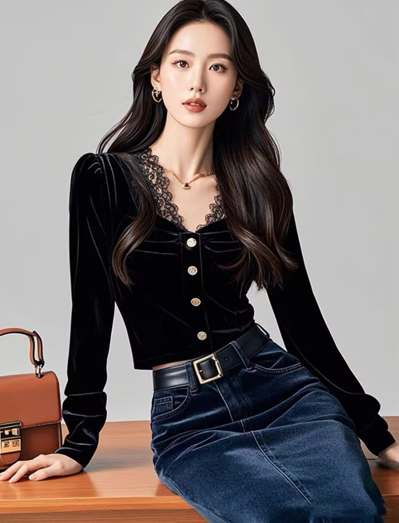 Lace velvet small shirt unique winter tops for women