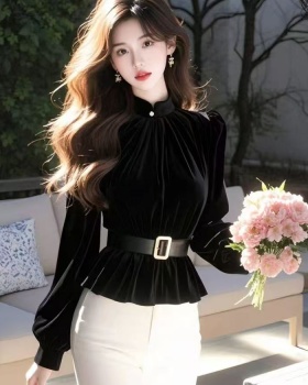 Pinched waist velvet shirt black tops for women