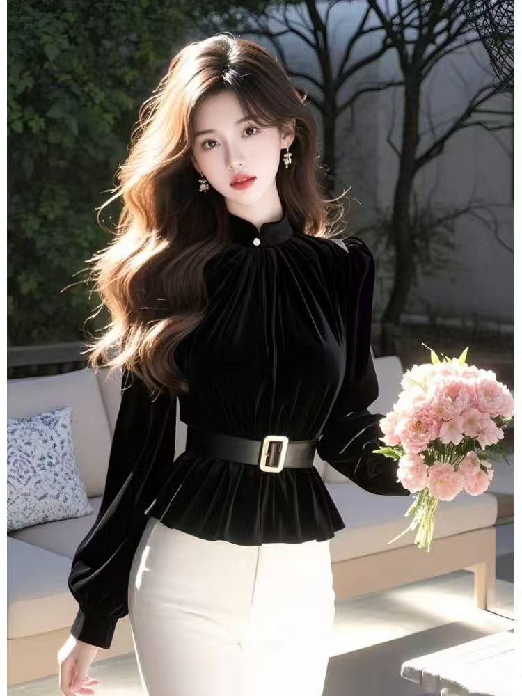 Pinched waist velvet shirt black tops for women