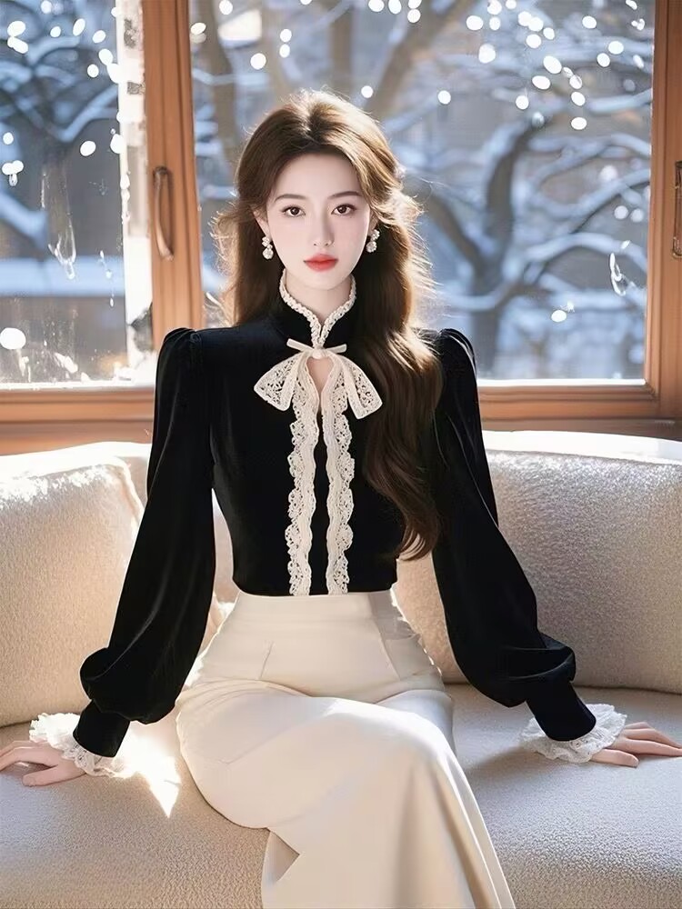 Black winter ladies shirt unique velvet Korean style tops