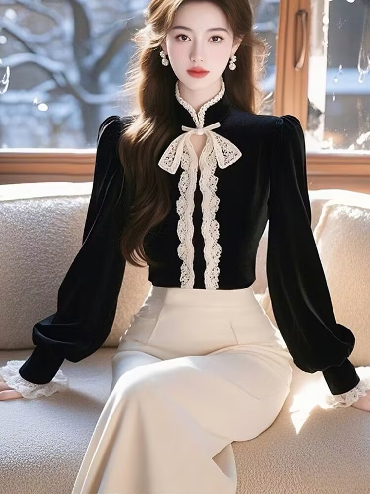 Black winter ladies shirt unique velvet Korean style tops