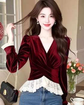 V-neck slim Korean style shirt lady long sleeve tops