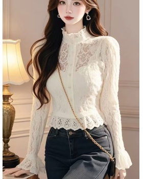 Unique slim bottoming shirt lace white tops for women