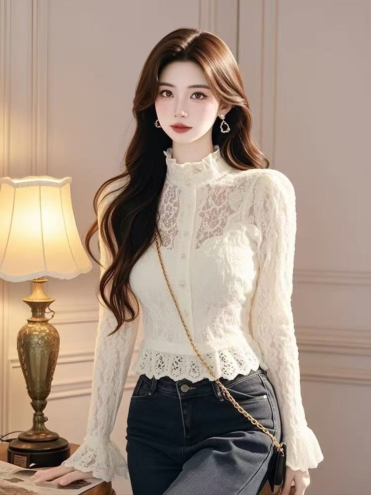 Unique slim bottoming shirt lace white tops for women