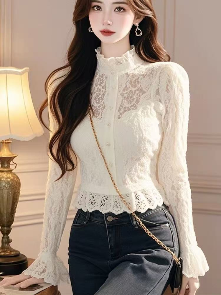 Unique slim bottoming shirt lace white tops for women