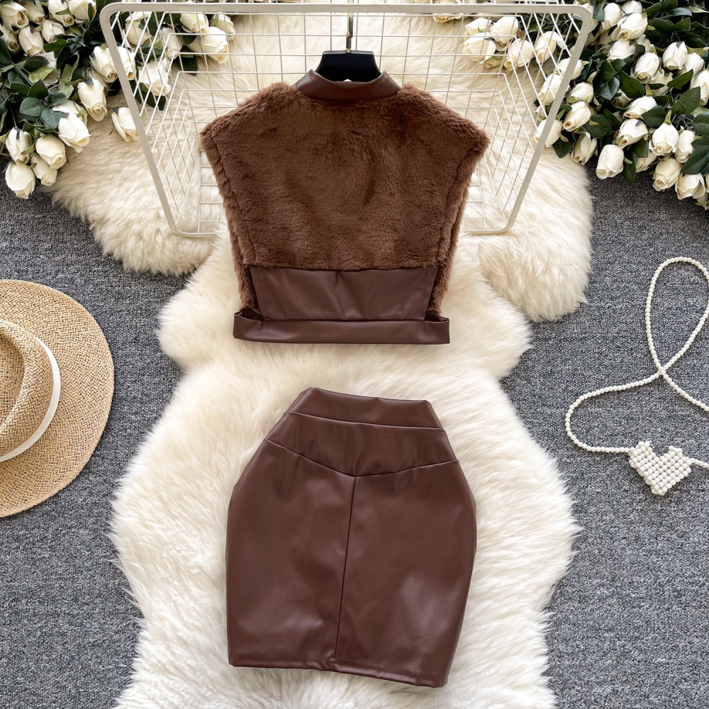 Retro fluffy skirt sleeveless coat a set for women