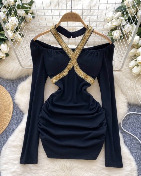 Bottoming sequins T-back flat shoulder dress for women