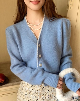 Korean style V-neck cardigan short beads sweater for women