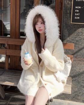 Thick hooded enticement tops large fur collar loose sweater