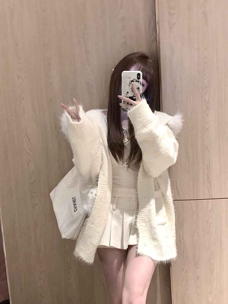 Thick hooded enticement tops large fur collar loose sweater