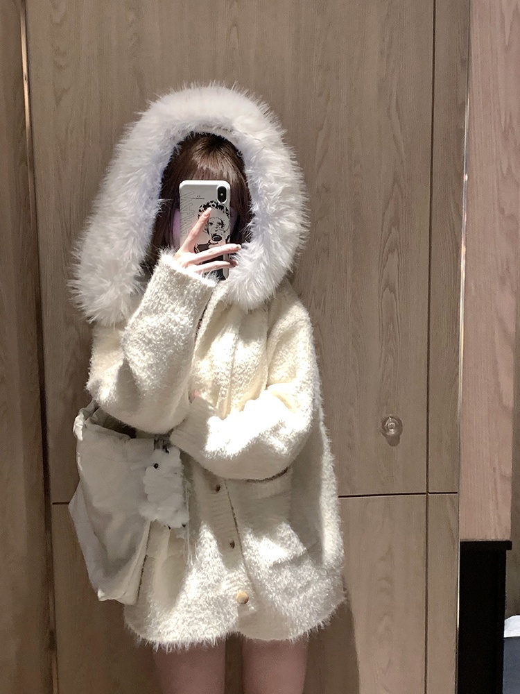 Thick hooded enticement tops large fur collar loose sweater