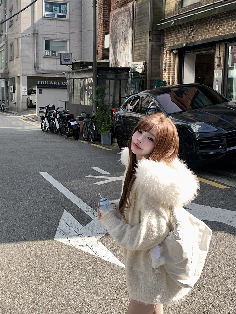 Thick hooded enticement tops large fur collar loose sweater