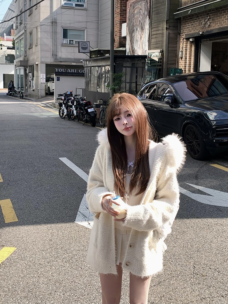 Thick hooded enticement tops large fur collar loose sweater