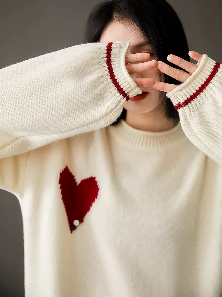 Jacquard slim pullover shirts sweet long sleeve heart sweater