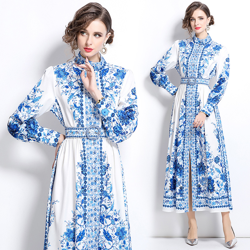 Blue and white porcelain printing fashion dress