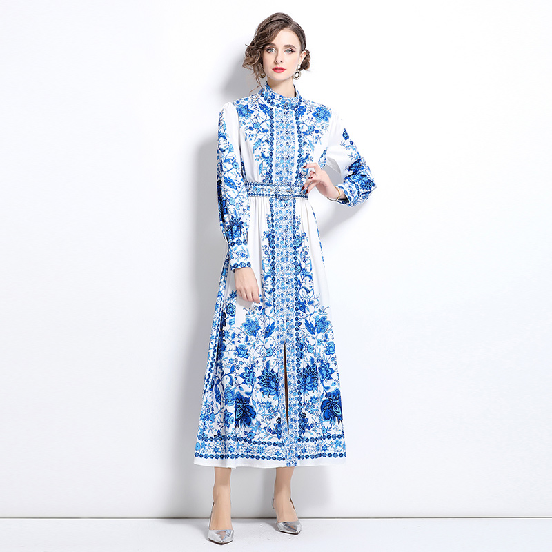 Blue and white porcelain printing fashion dress