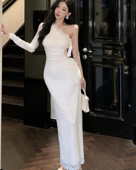 Sexy hollow bow formal dress sloping shoulder lace slim dress