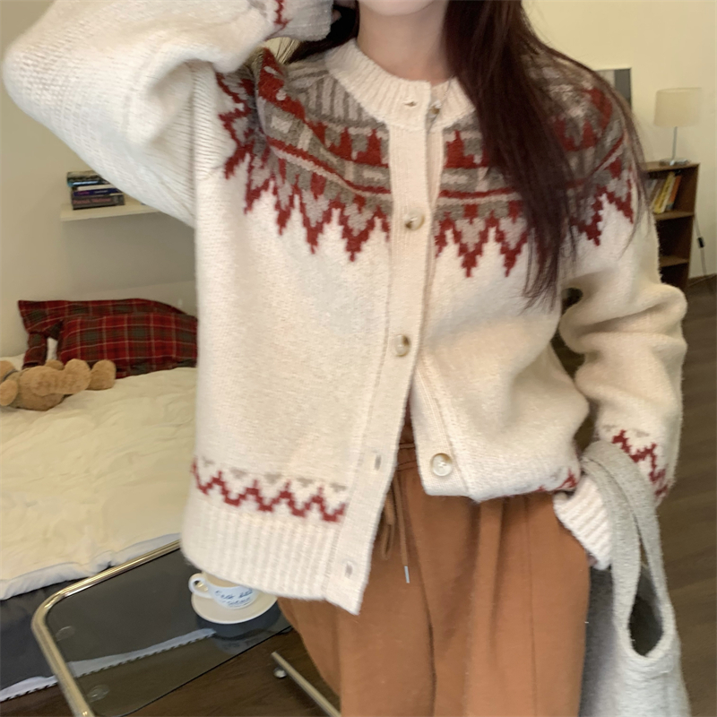 Knitted round neck cardigan christmas sweater for women