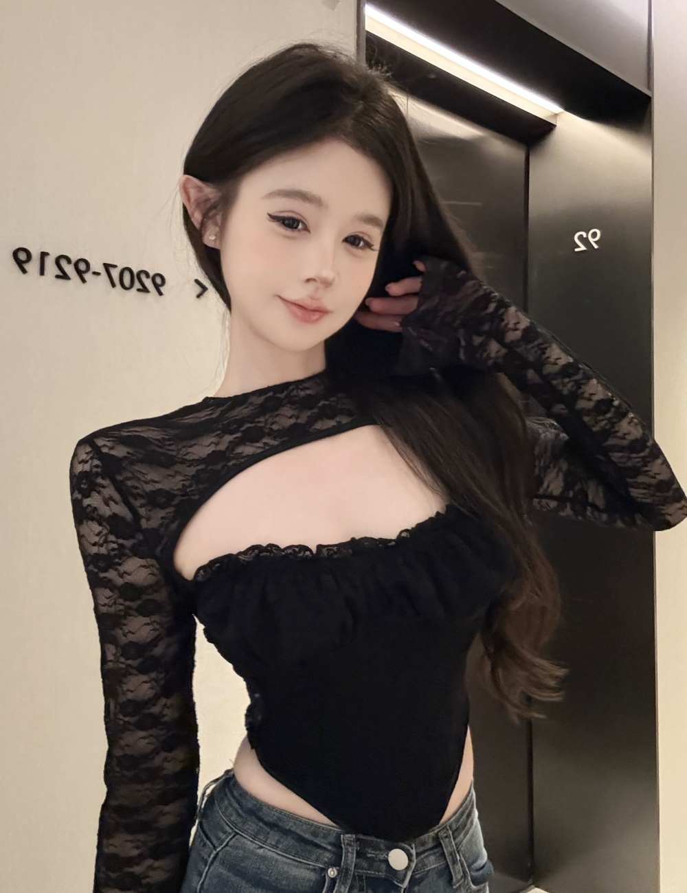 Lace big hollow bottoming shirt spicegirl splice tops