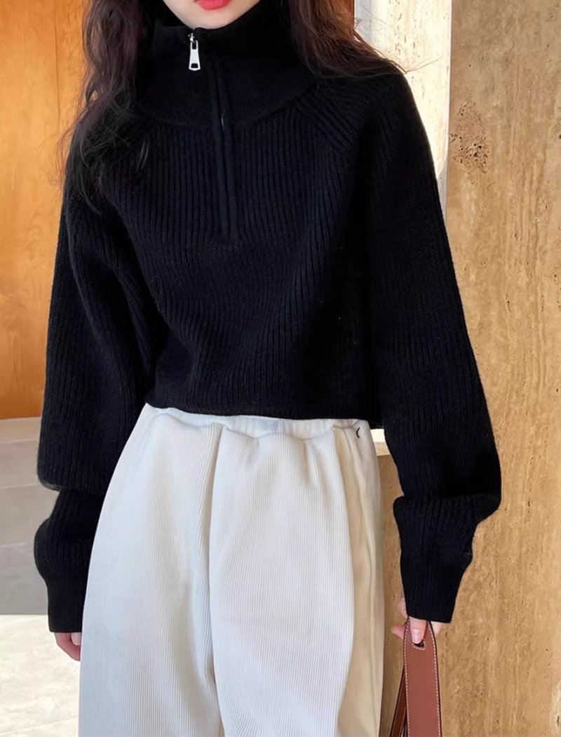 High waist thick zip spring red half high collar loose sweater