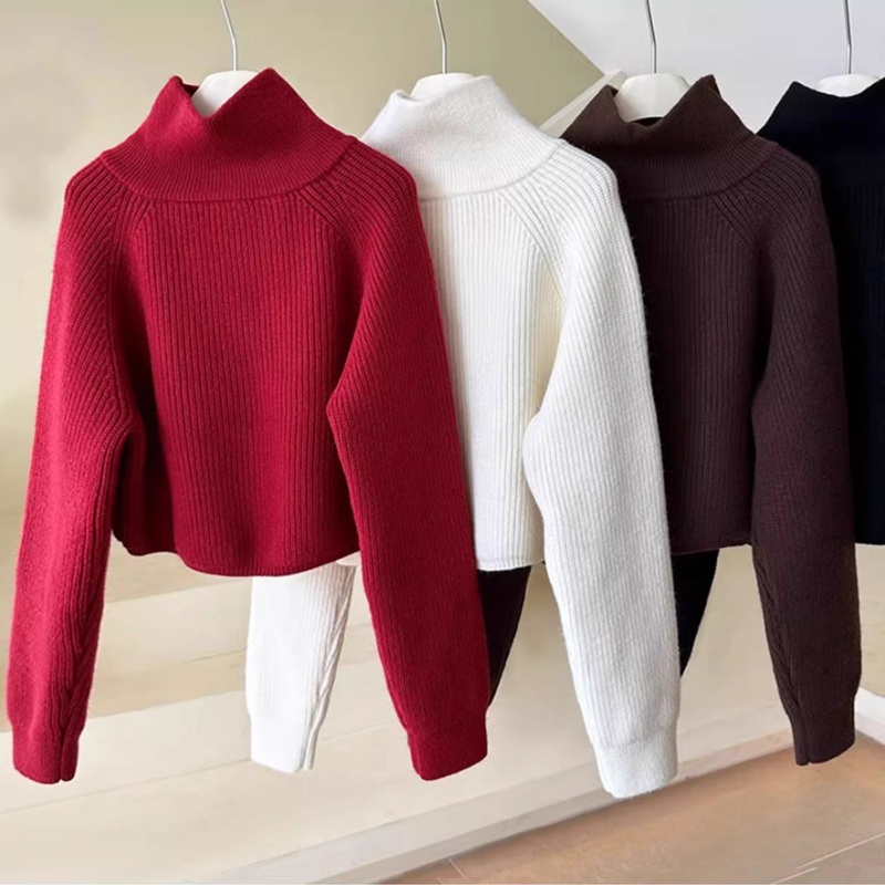 High waist thick zip spring red half high collar loose sweater