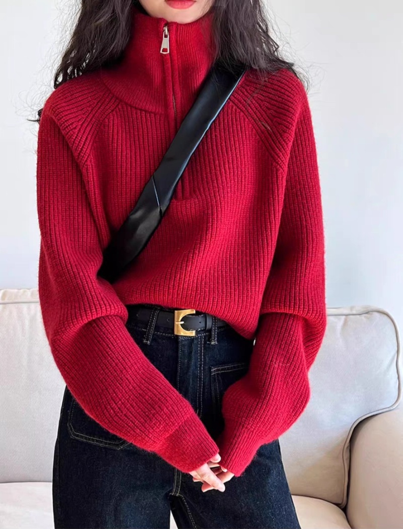 High waist thick zip spring red half high collar loose sweater