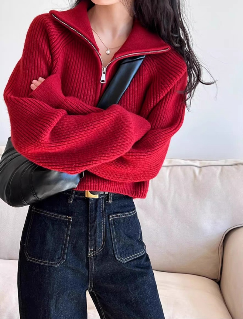 High waist thick zip spring red half high collar loose sweater