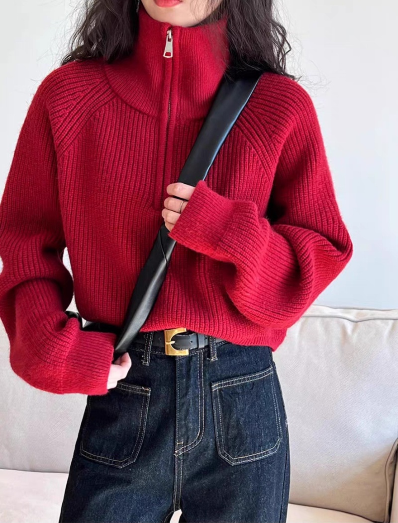 High waist thick zip spring red half high collar loose sweater