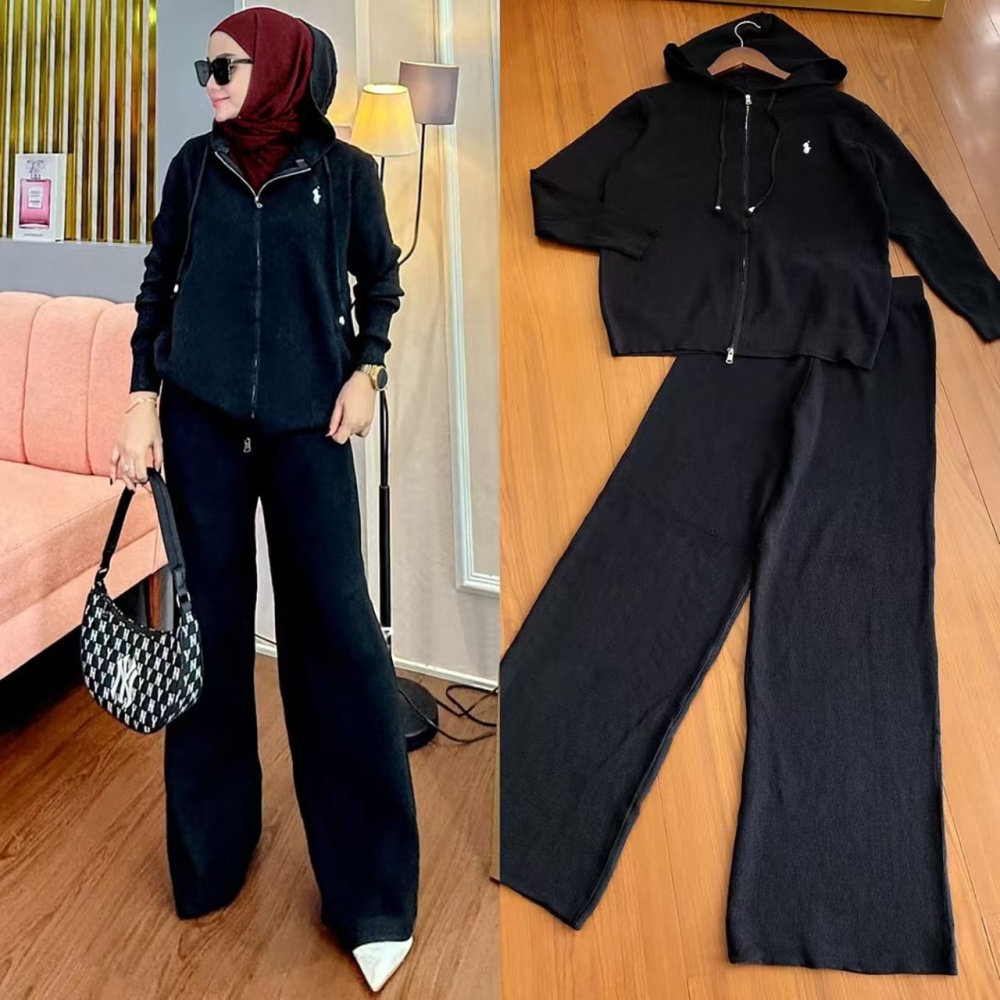 Hooded sweater knitted wide leg pants 2pcs set for women