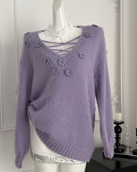 Barbie strapless flowers sweater purple mohair tops