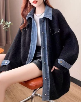 Loose denim sweater long splice cardigan