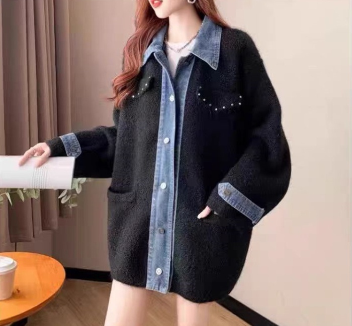 Loose denim sweater long splice cardigan