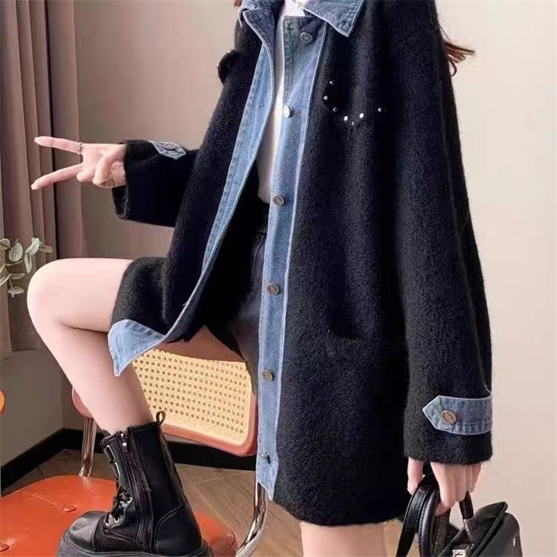 Loose denim sweater long splice cardigan