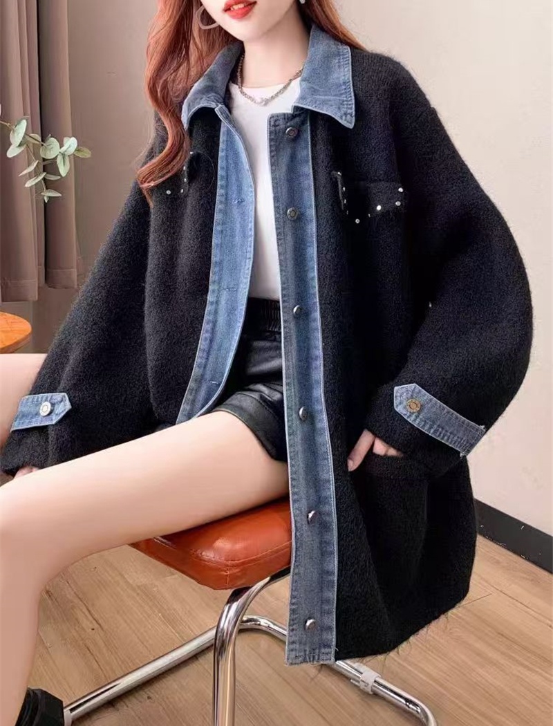 Loose denim sweater long splice cardigan