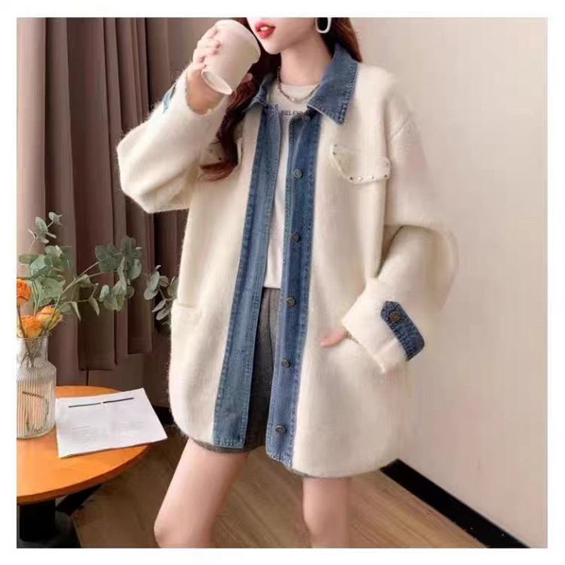 Loose denim sweater long splice cardigan