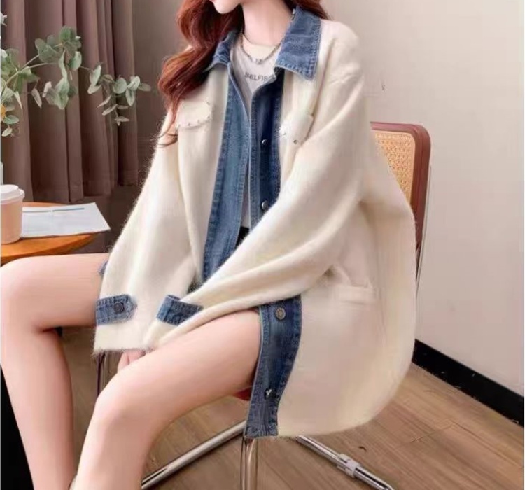 Loose denim sweater long splice cardigan